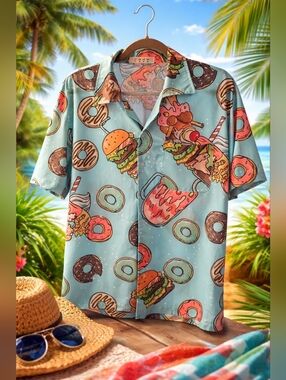 Funny Food Hawaiian Shirt Pop Art Burger Donut Button Down Medium